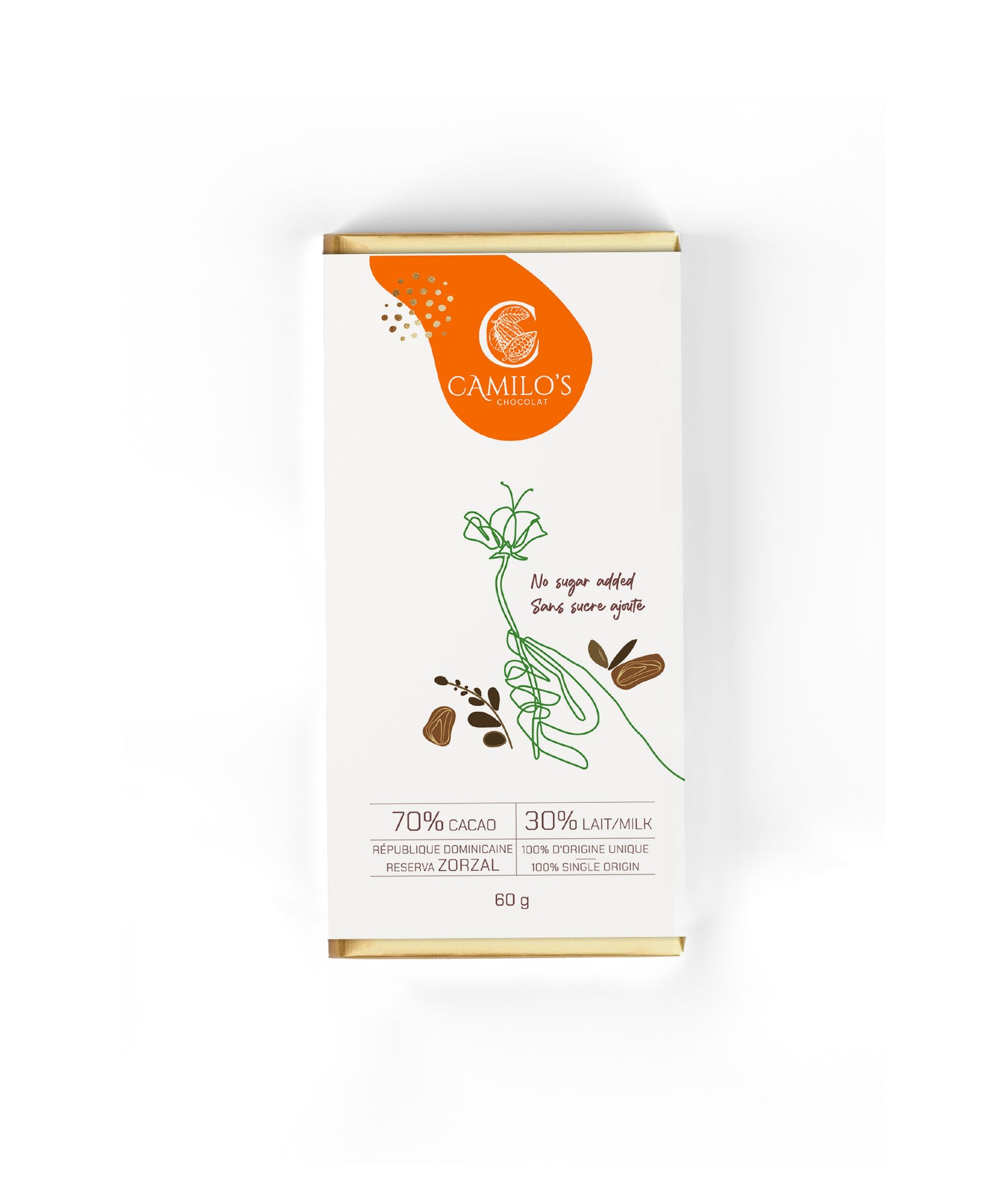 70% Dark Milk Chocolate Bar, No Sugar Added
