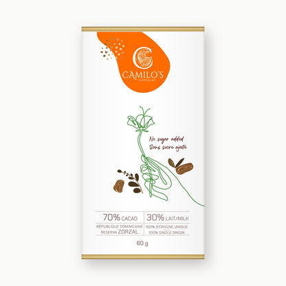 Tablette Chocolat Noir au Lait 70 % – Sans Sucre Ajouté